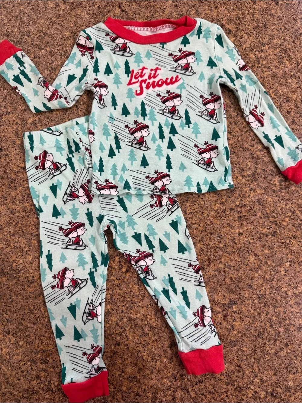 2 set Let It Snow Kids Pajama Sets - Green with Red Trim